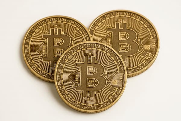3 physical bitcoins on a table