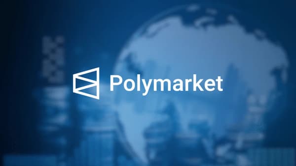 polymarket logo on foreground of electronic screen